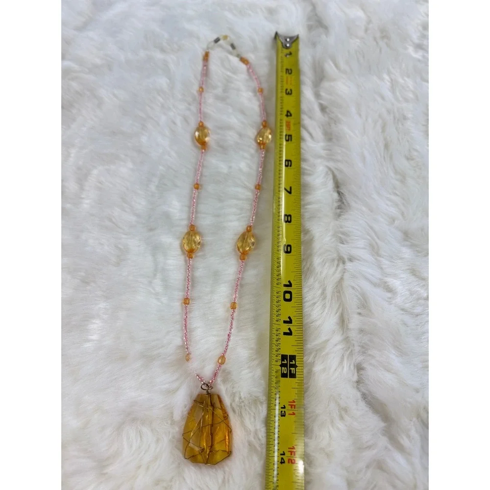 Handmade Amber Crystal Wire Wrapped Beaded Eyeglass Chain Necklace Pink Gold